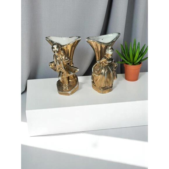 Other - 2 Miniature Porcelain Bud Vases Gold Color with a French Couple 2.5" Japan